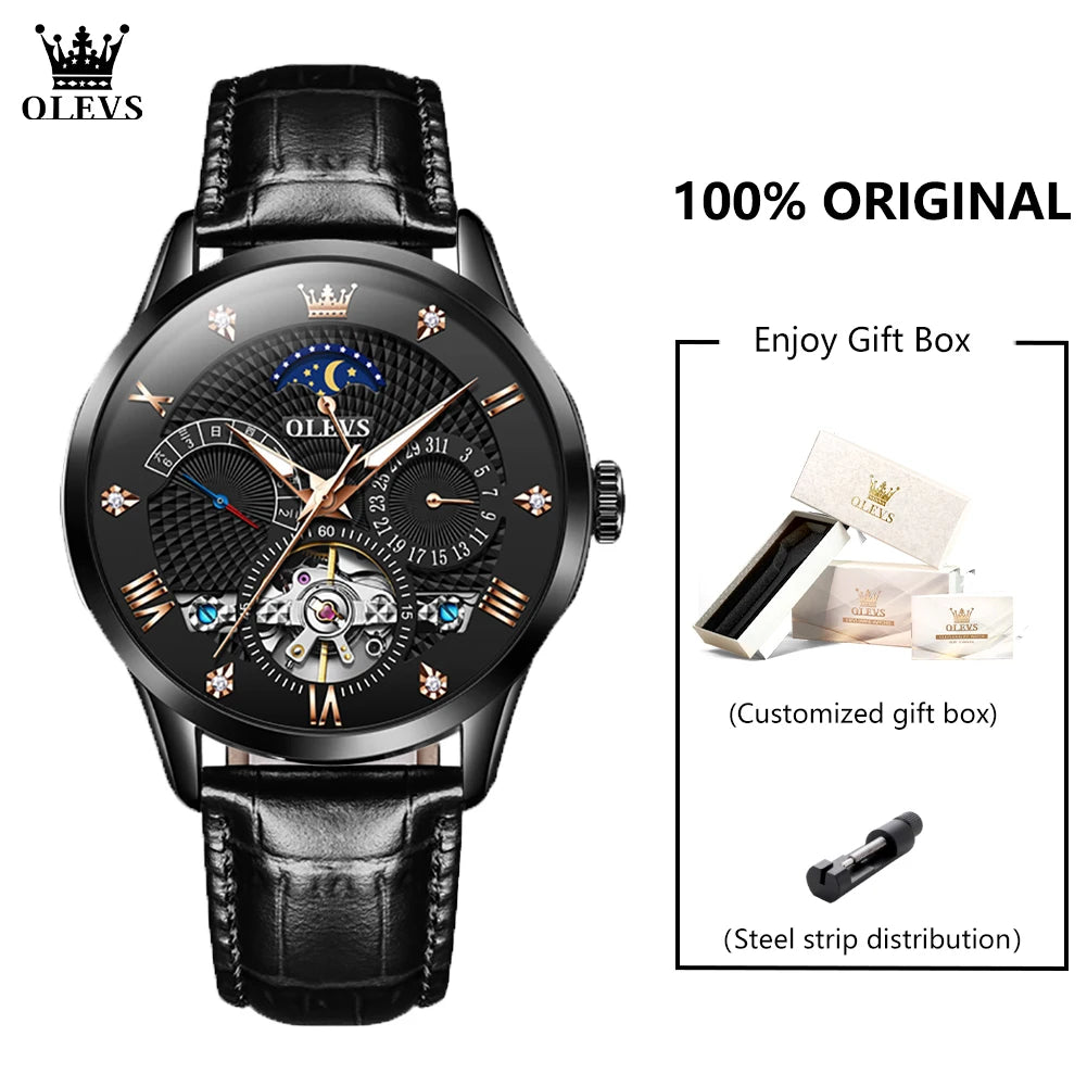 Leather Moon Phase Automatic Watch — Black | KIMLUD