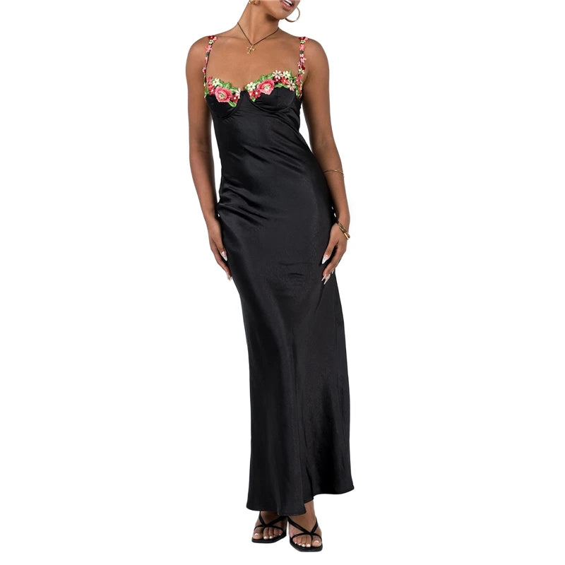 Floral Appliqué Satin Maxi Dress