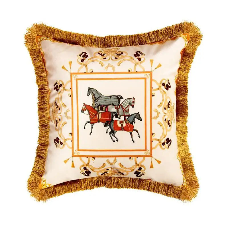 European Retro Horse Printed Pillow Cover Sofa Gold Tassel Pillowcase Velvet Fabric Cushion Cover
