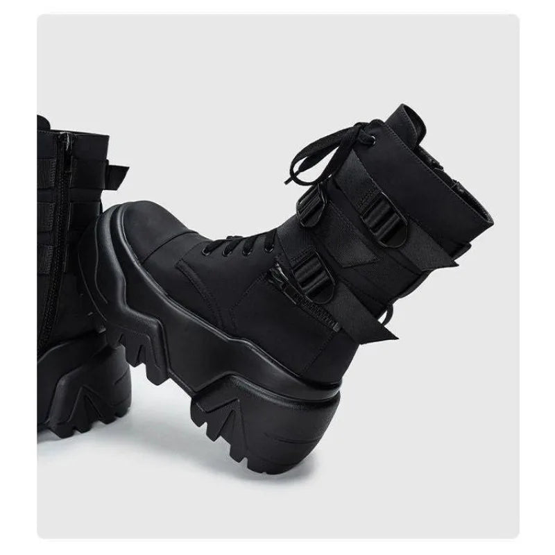 Women Ankle Booties Autumn Leather Chunky Shoes Woman High Platform Breathable Sneakers 9CM Thick Sole Wedges Motorcycles Boots