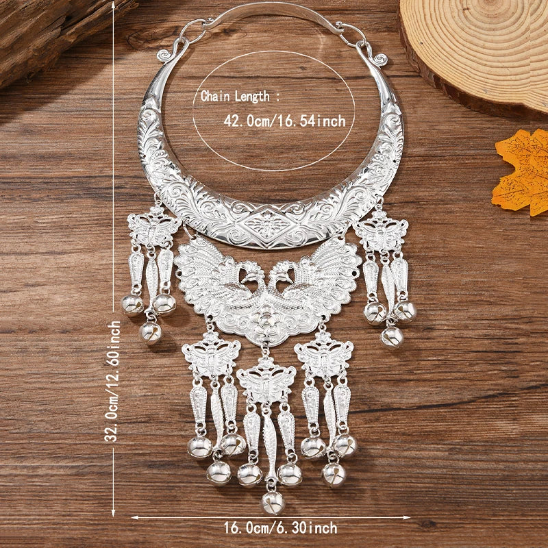Layer Necklace - Ethnic Miao Retro - Zinc Alloy - Silver | KIMLUD