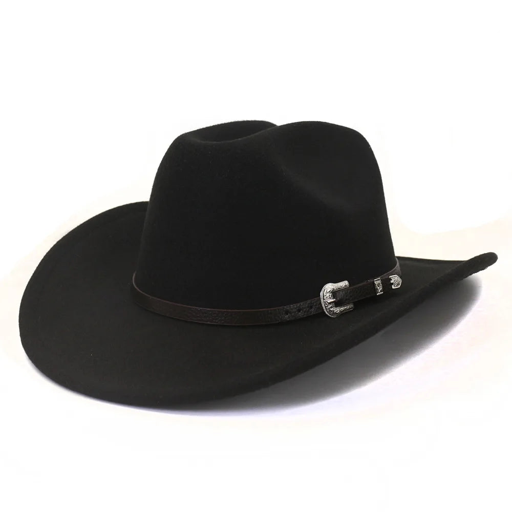 Vintage Western Cowboy Hat with Black Belt Men's Felt Fedora Hat Women Jazz Cowgirl Cap Cloche Church Sombrero Hombre Caps