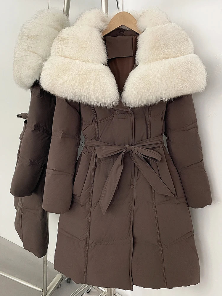 Long Real Fox Fur Collar Down Coat — Natural | KIMLUD