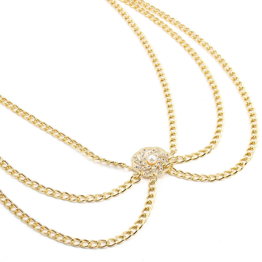 Gold-Tone Waist Chain Belt Diamond Pearl Disc Inlays With Radiant Faceting — Gold-Tone | KIMLUD