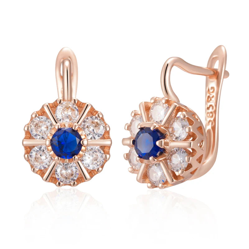 Rose Gold Floral Halo Earrings With Cobalt Heart — Rose Gold | KIMLUD