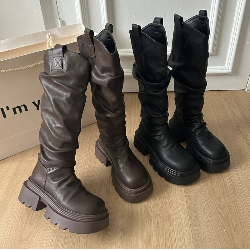 Autumn Winter Platform Thick Bottom Women Long Boots Fashion Slip On Shoes Vintage Ladies Knight Botas