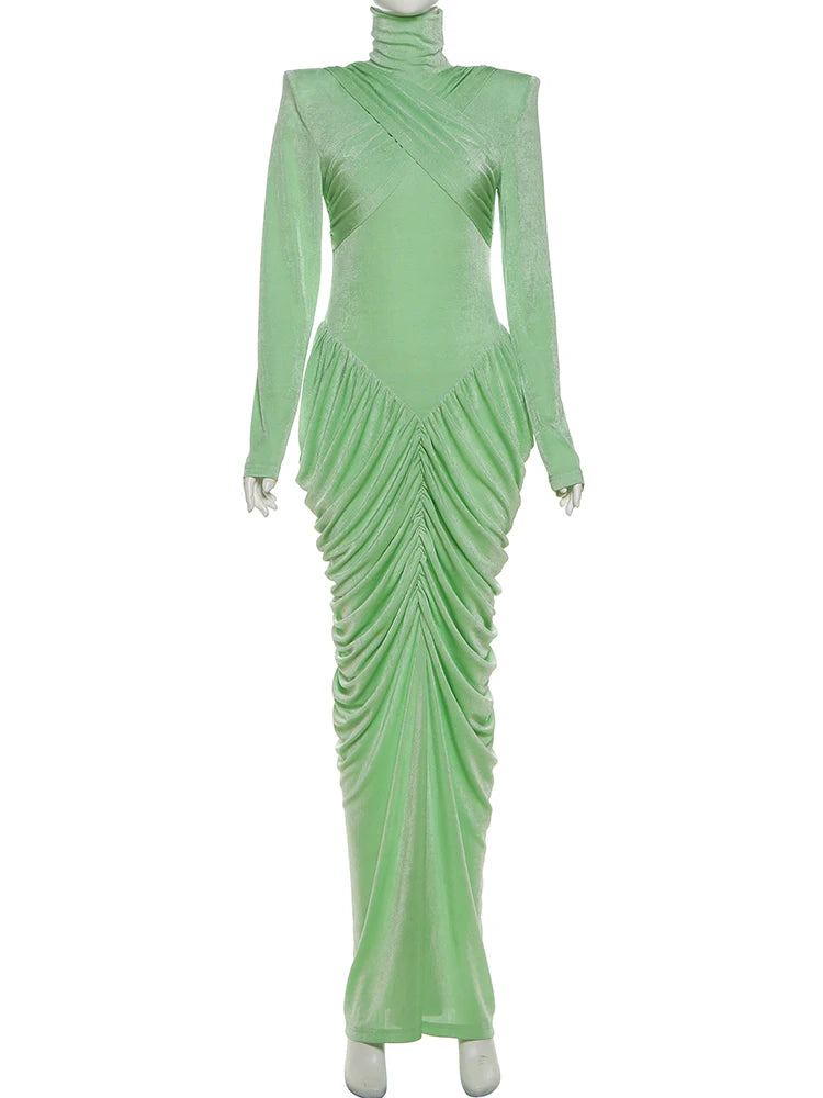 Turtleneck Backless Maxi Dress — Pleated Slim Fit, Full Sleeve | KIMLUD