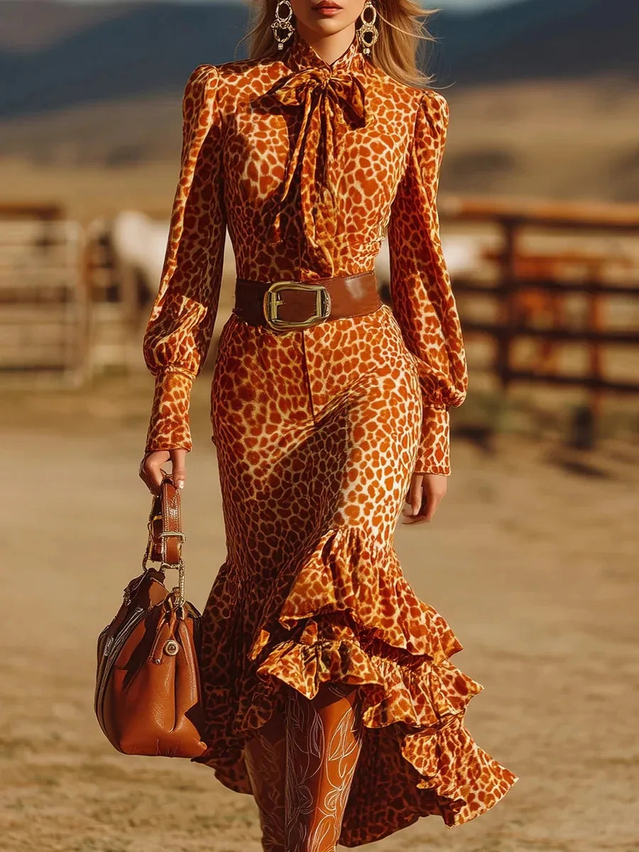 Women's Vintage Print Midi Dress Elegant Tie Neck Long Sleeve Ruffle Hem High Low Bodycon Dress Fashion Casual Western Dresses