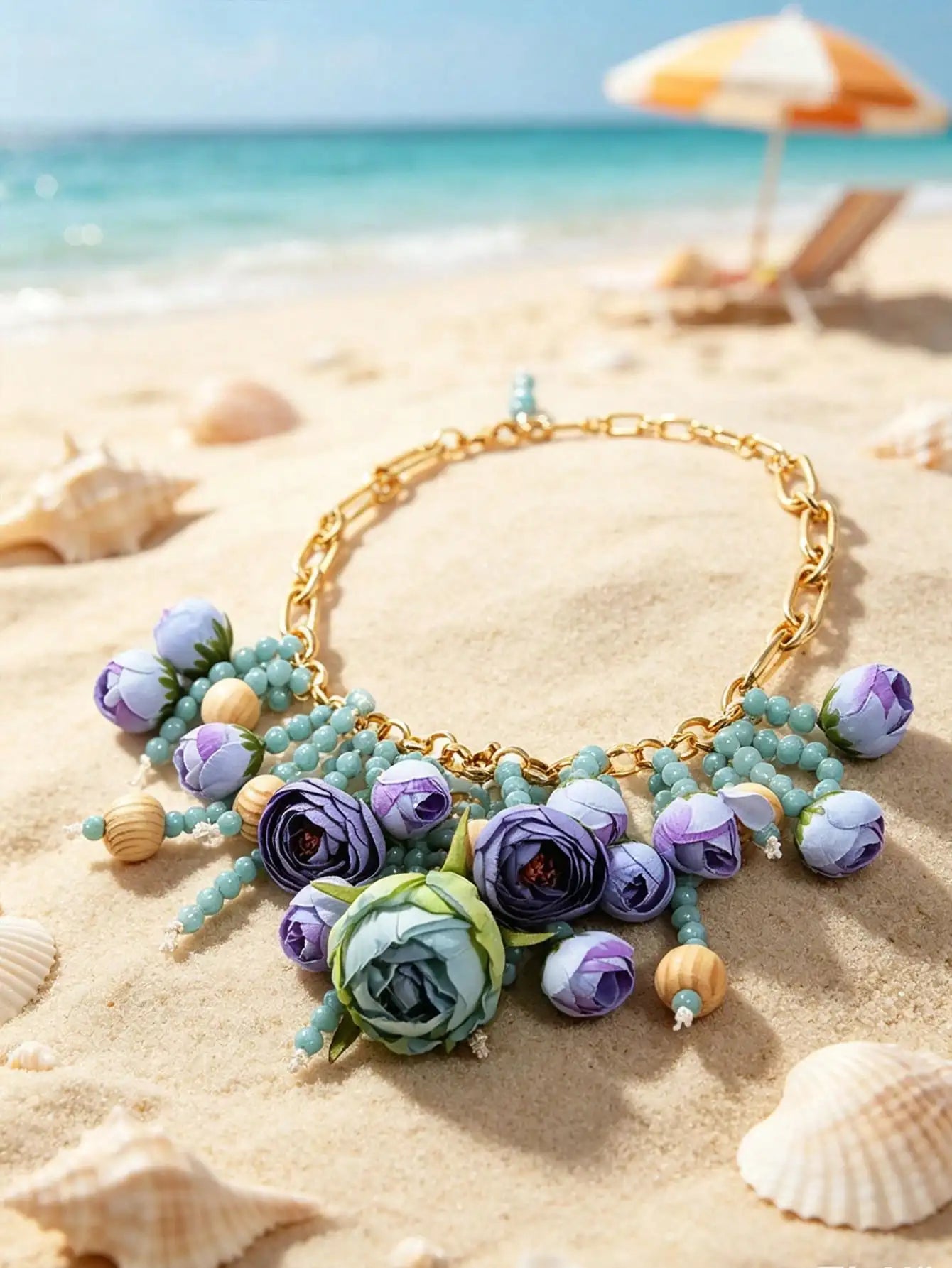 Bohemian Fabric Floral Necklace — Blue Purple | KIMLUD