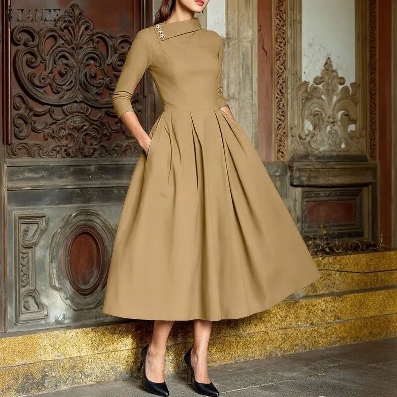 A-Line Midi Sundress With Lapel Buttons And Tatting Weave Polyester — Camel Beige | KIMLUD