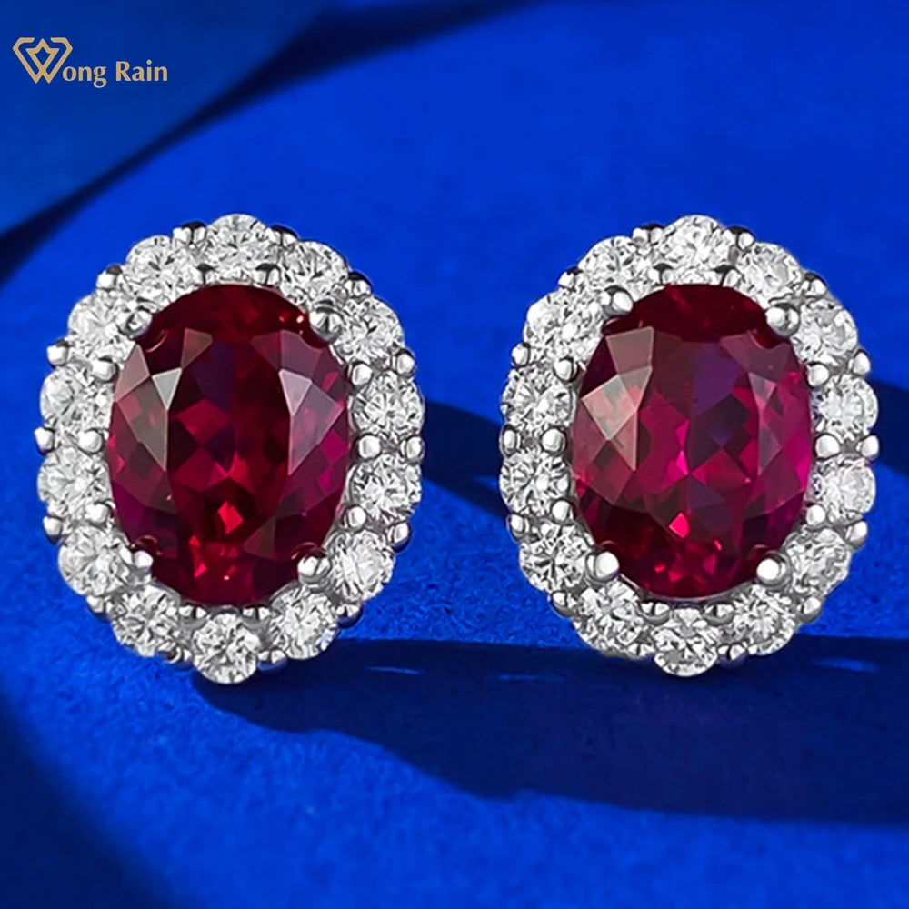 Sterling Silver Stud Earrings Oval Cut Ruby Sapphire — Multicolor | KIMLUD
