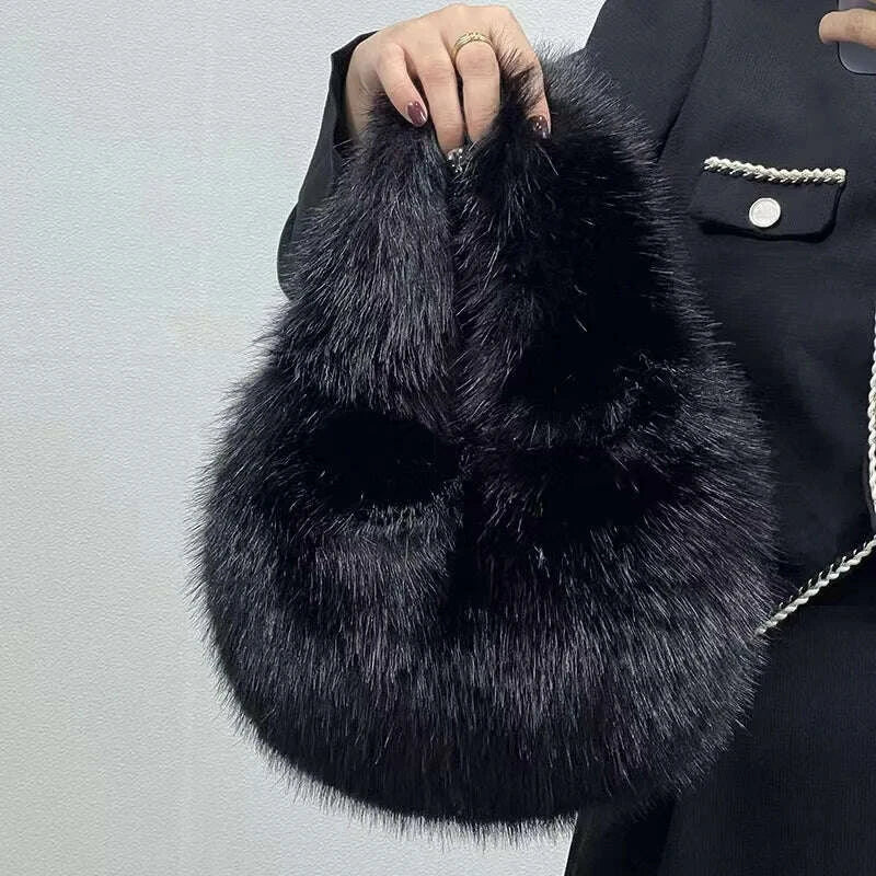 KIMLUD, Fashion Soft Plush Half Moon Bags for Women Designer Fluffy Faux Fur Lady Handbags Luxury Small Tote Female Winter Purses, KIMLUD Womens Clothes