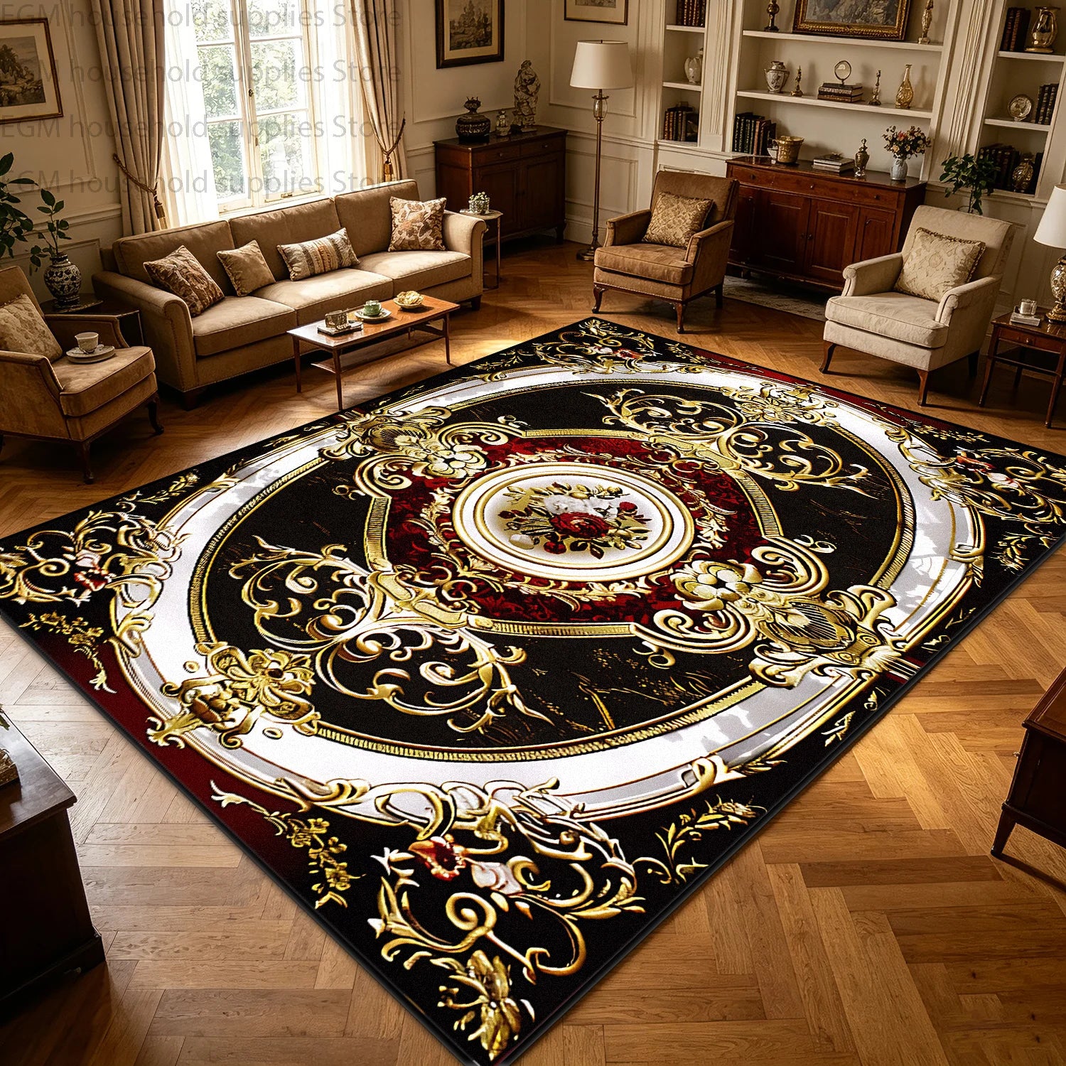 Kilim Polyester Floral Area Rug — Red Gold | KIMLUD