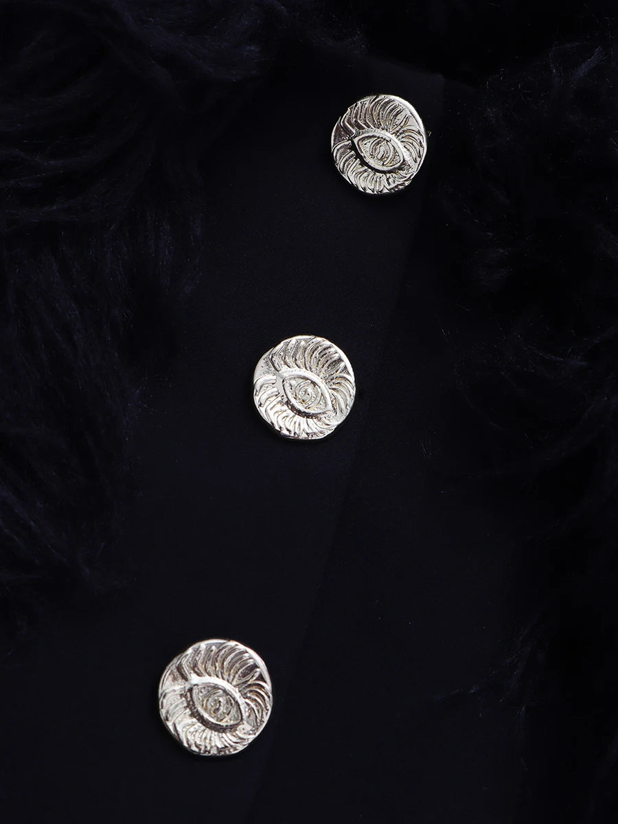 Sculpted Faux Fur Patchwork Slash-Neck Gold-Button Jacket — Black | KIMLUD