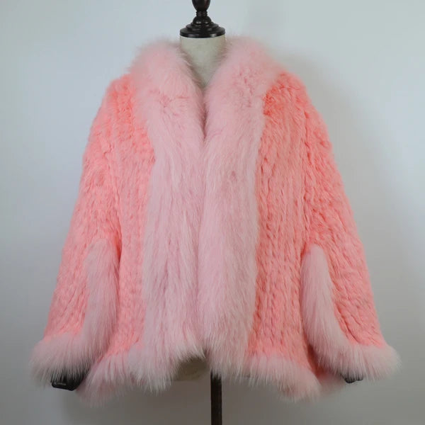 Hot Women Knitted 100% Real Rabbit Fur Shawl Winter Warm Genuine Rabbit Fur Pashmina Coat With Fox Fur Collar For Female Fashion