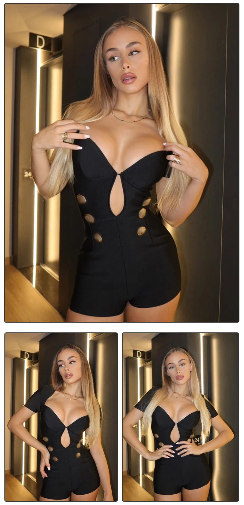 VC 2024 Summer New Women's Black Structured Romper Cut Out Short Sleeves Gold Button Details Bandage Bodycon Short Jumpsuit