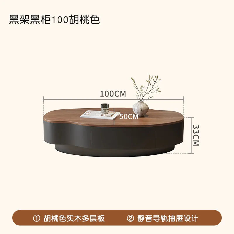 Solid Wood Minimalist Modern Coffee Table With Integrated Storage And Sculpted Edges — Walnut | KIMLUD