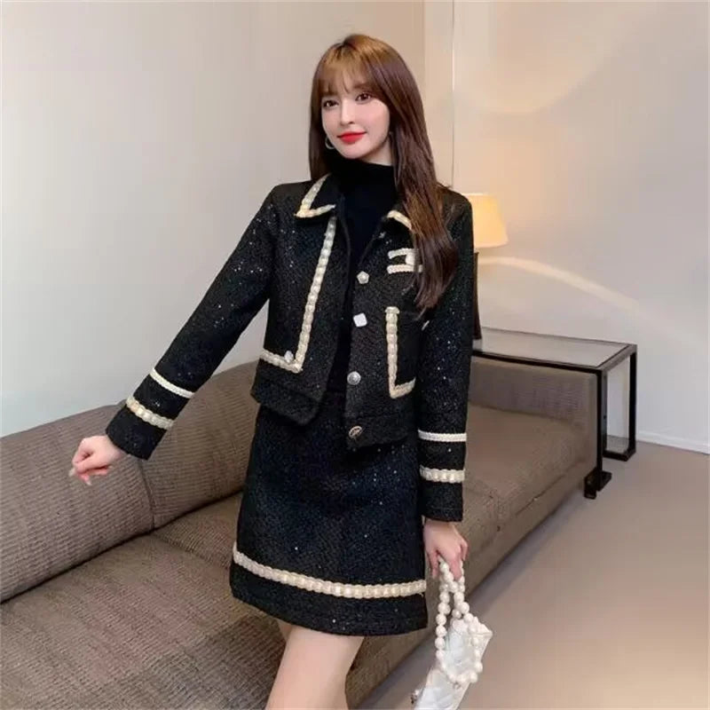Two Piece Wool Jacket and Mini Skirt Set – Xiaoxiang Style – Wool | KIMLUD