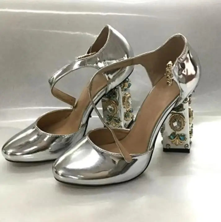 Gold Mirror Patent Leather Sandals Rhinestone Buckle Glitter Round Toe Chunky Heels — Gold | KIMLUD
