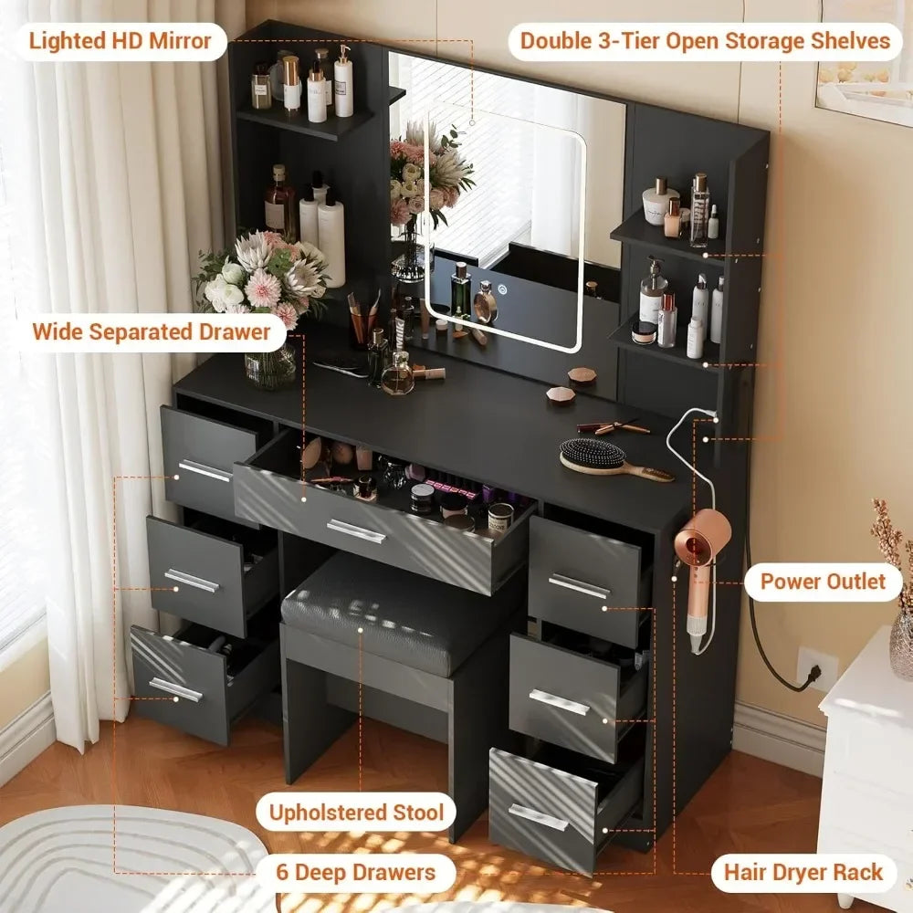 Vanity Table with Large Mirror and Chair, Power Outlet, Hair Dryer Rack, 7 Drawers 3 Lighting Modes Brightness Adjustable