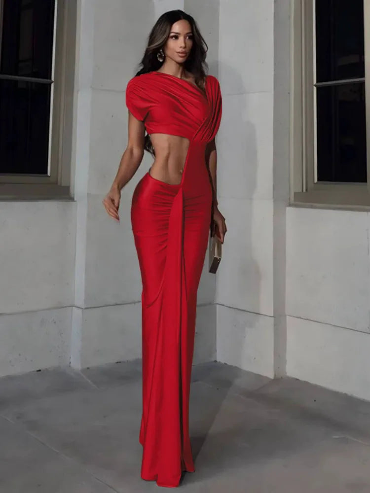 Irregular Hollow Dress Women Ruched Diagonal Collar Shorts Sleeve Waistless Slits Street Trend Elegant Long Bodycon 0V01