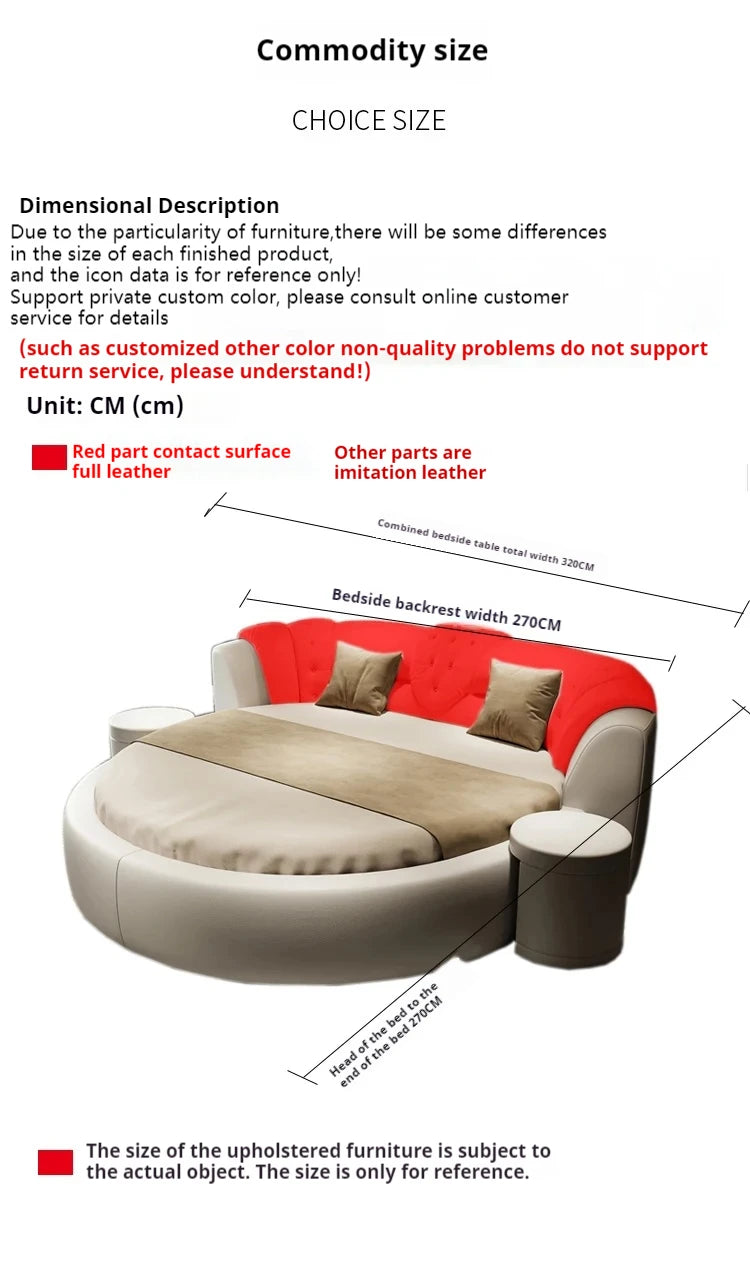 European Style Round Bed Luxury Leather Surface — Ivory White | KIMLUD