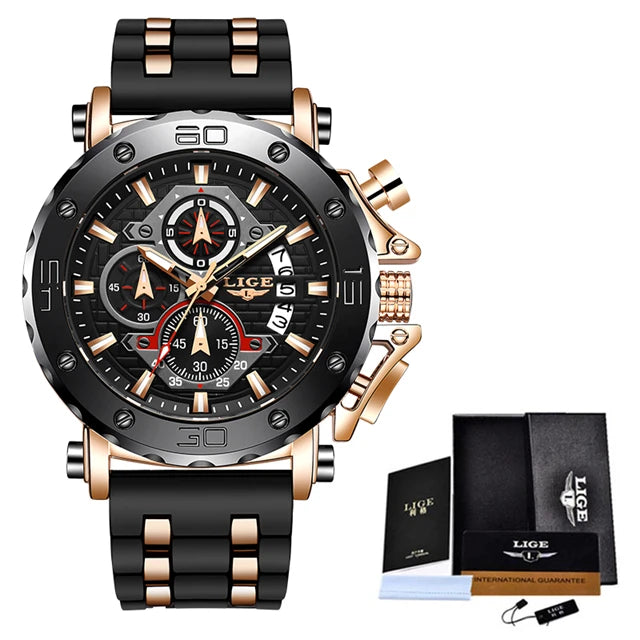 New Top Brand LIGE Mens Watches Fashion Sport Leather Watch Man Luxury Date Waterproof Quartz Chronograph Relogio Masculino+Box