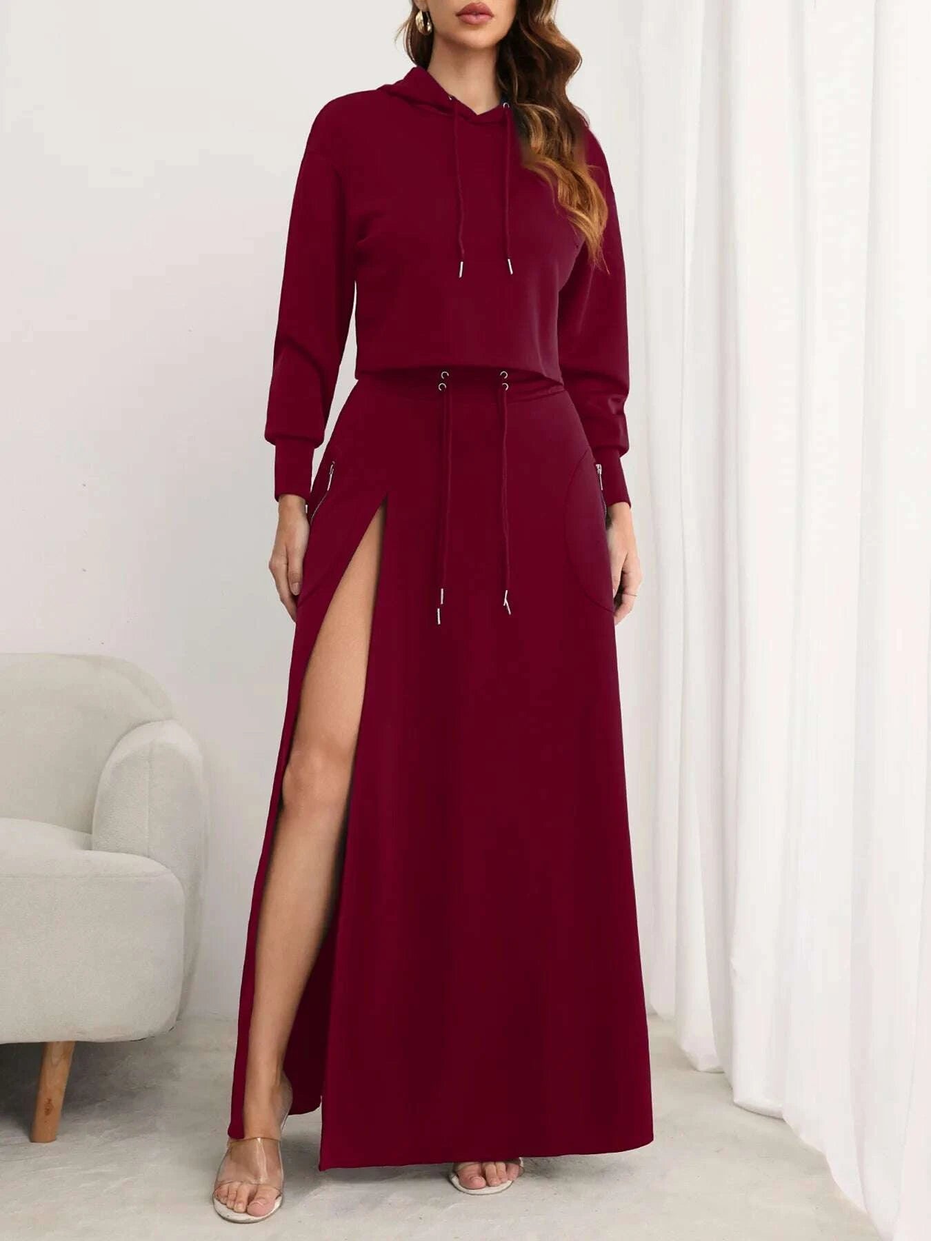 KIMLUD, CM.YAYA Fashion Women's Set Long Sleeve Hooded Sweatshirt and High Side Split A-line Maxi Skirt Suit 2024 Two 2 Piece Set Outfit, KIMLUD Womens Clothes