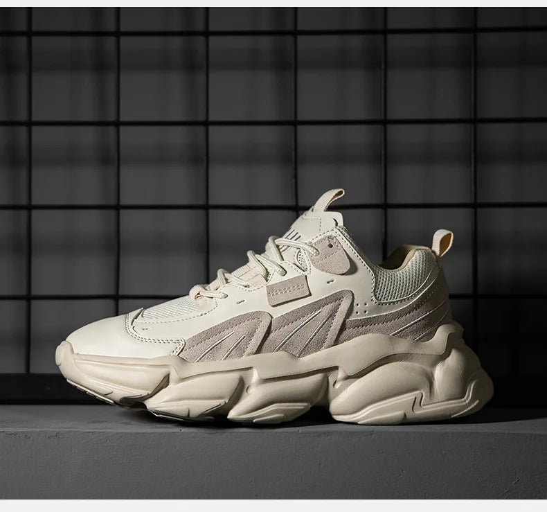 Leather Luxury Sneakers Premium Designer Style Breathable Casual Shoes — Beige | KIMLUD