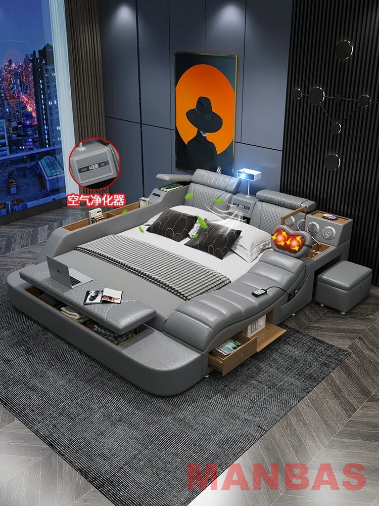 Genuine Leather Bed With Projector USB Speaker — White | KIMLUD