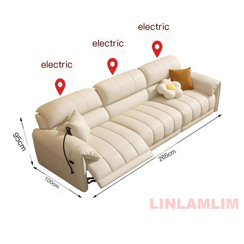 Italian Genuine Leather Electric Reclining Sofa With Adjustable Footrest USB And Foldable Center Console — Caramel Tan | KIMLUD