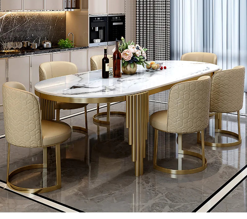 Stainless Steel Dining Set With Marble Table And Cream Upholstered Chairs — White | KIMLUD