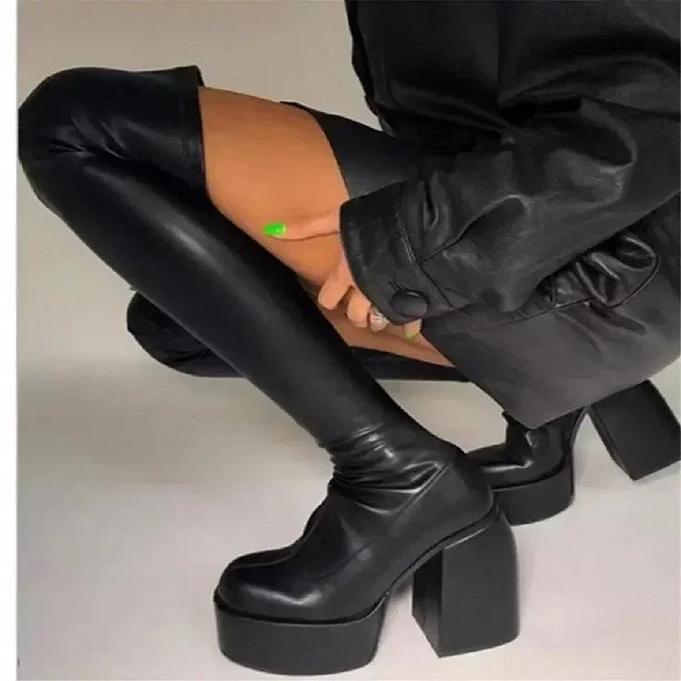 Platform Heel Boots – Knee High Boots – Black | KIMLUD