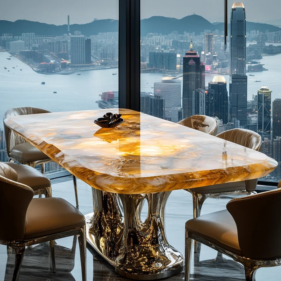 KIMLUD, Premium natural marble square jade luxury stone dining table villa Italian light luxury style simple design home, KIMLUD Womens Clothes