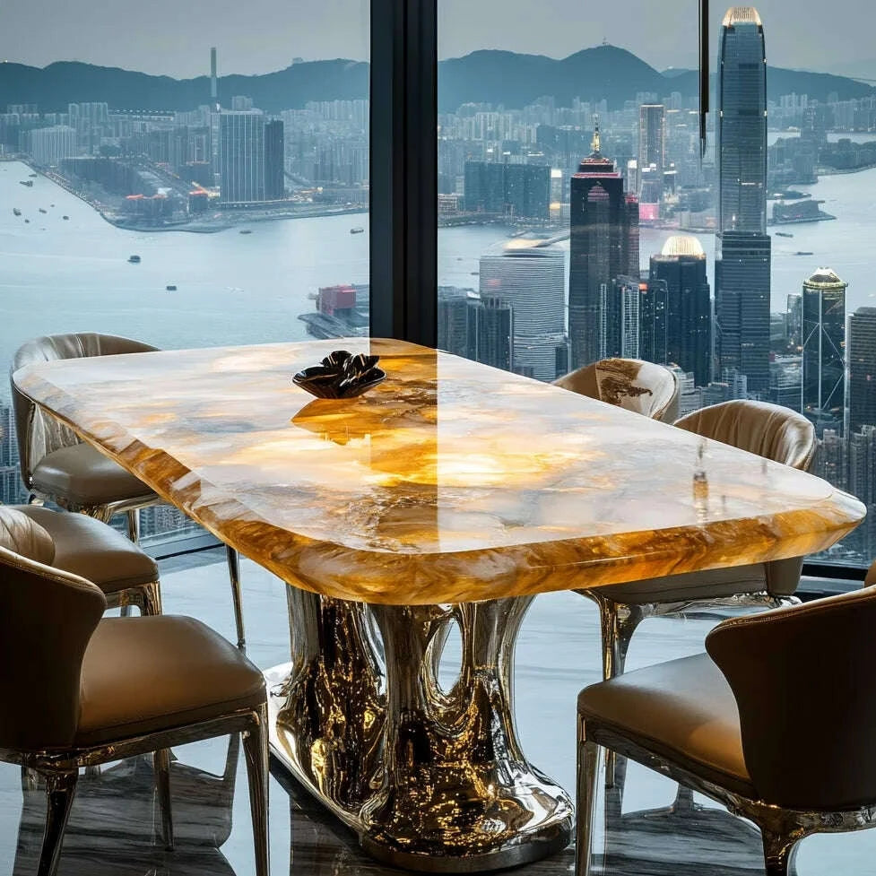 KIMLUD, Premium natural marble square jade luxury stone dining table villa Italian light luxury style simple design home, KIMLUD Womens Clothes