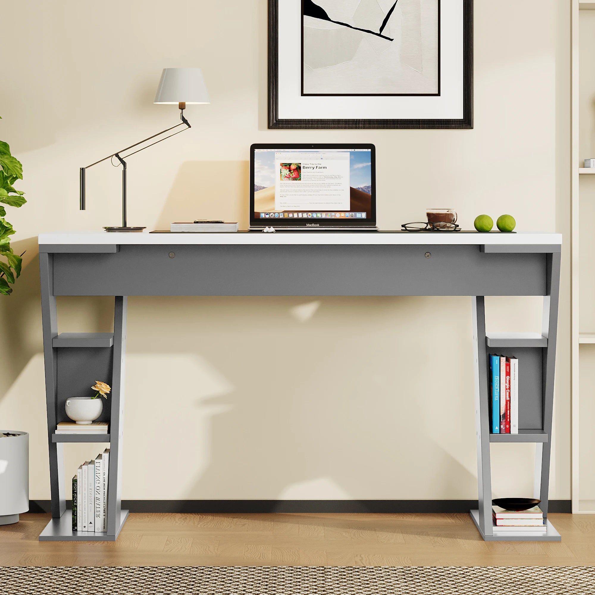 HOUSE SPOLE Computer table with X-shaped bracket, office table with 6 storage rack, Grey