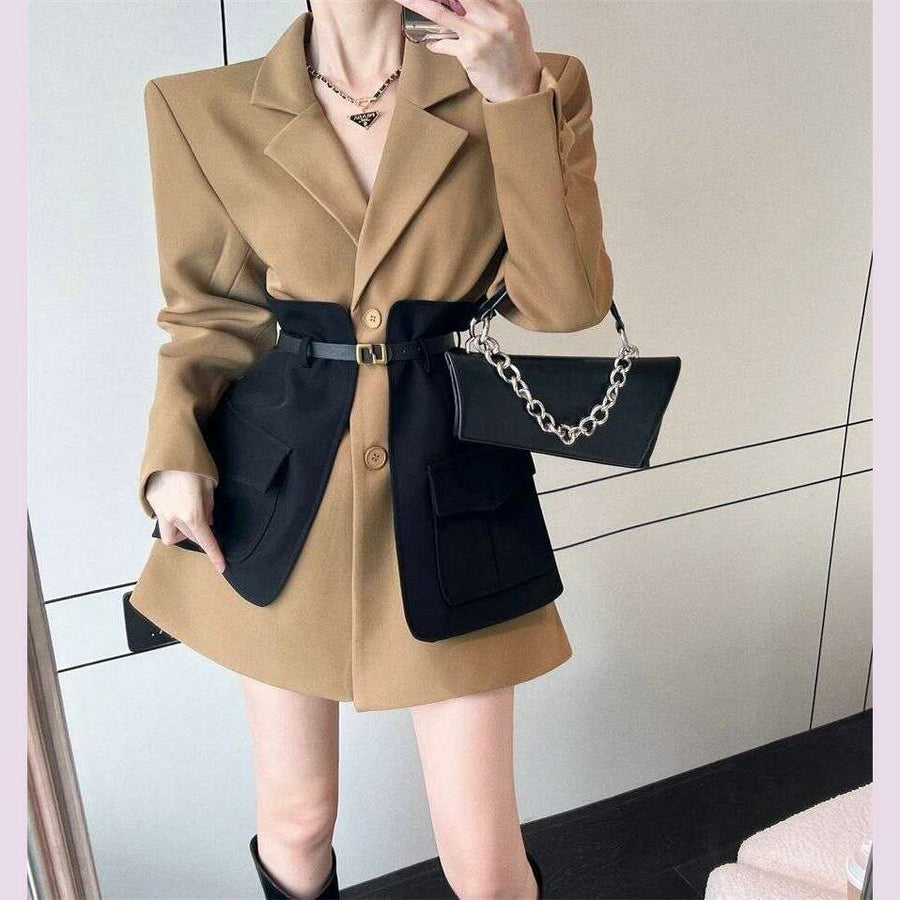 Original Design Blazer Women Fashion New Loose Spliced Pocket Korean Shrug Notched Single Breasted Blazer Mujer Femal with Belt