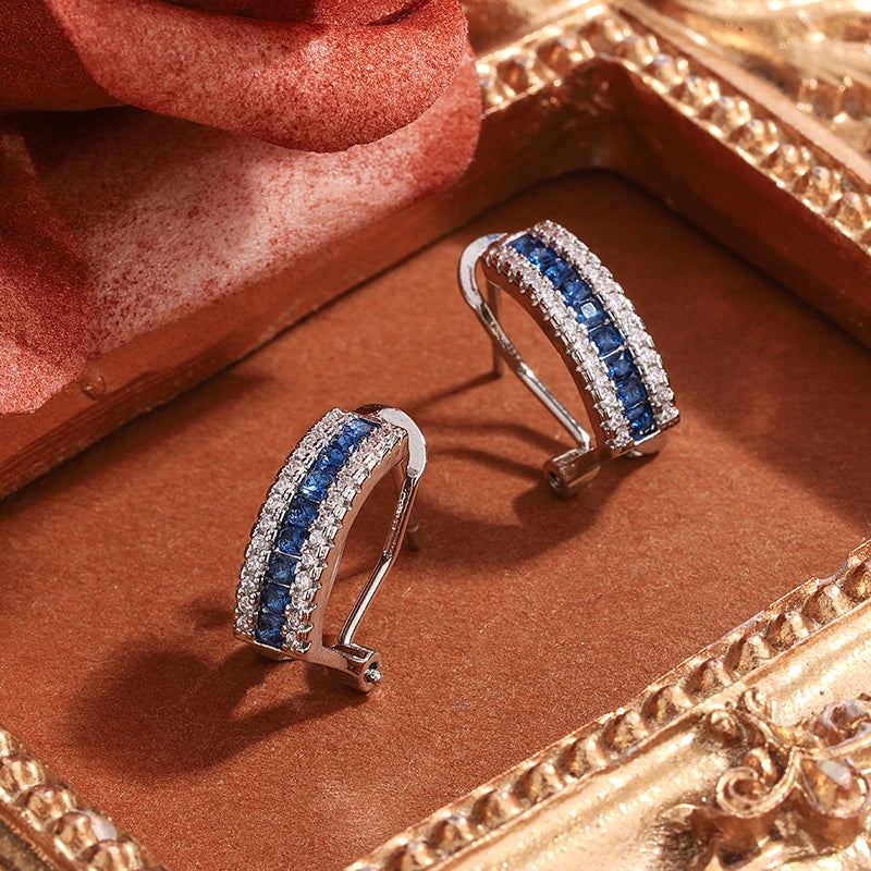 Sterling Silver Stud Earrings Blue Zircon — Blue | KIMLUD