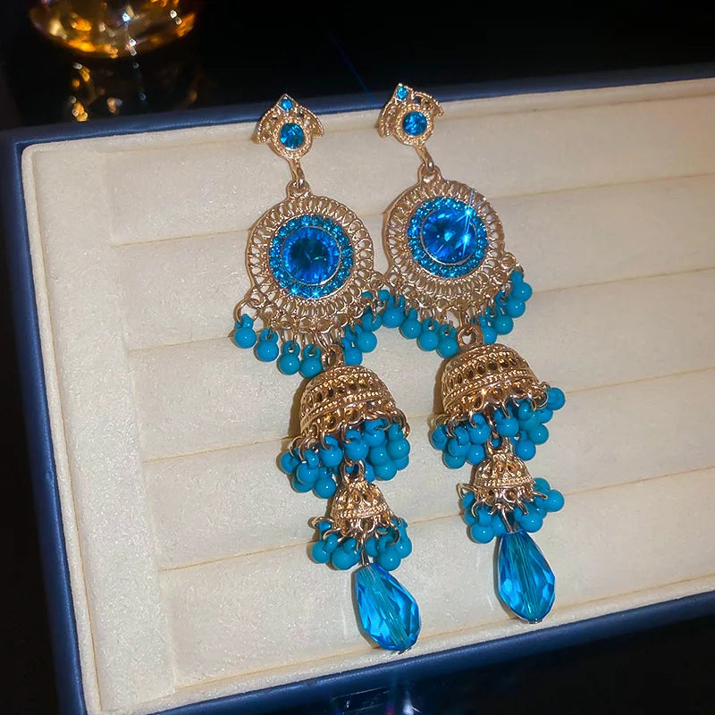 Crystal Water Drop Clip Earrings Round Rhinestones — Vintage Blue | KIMLUD