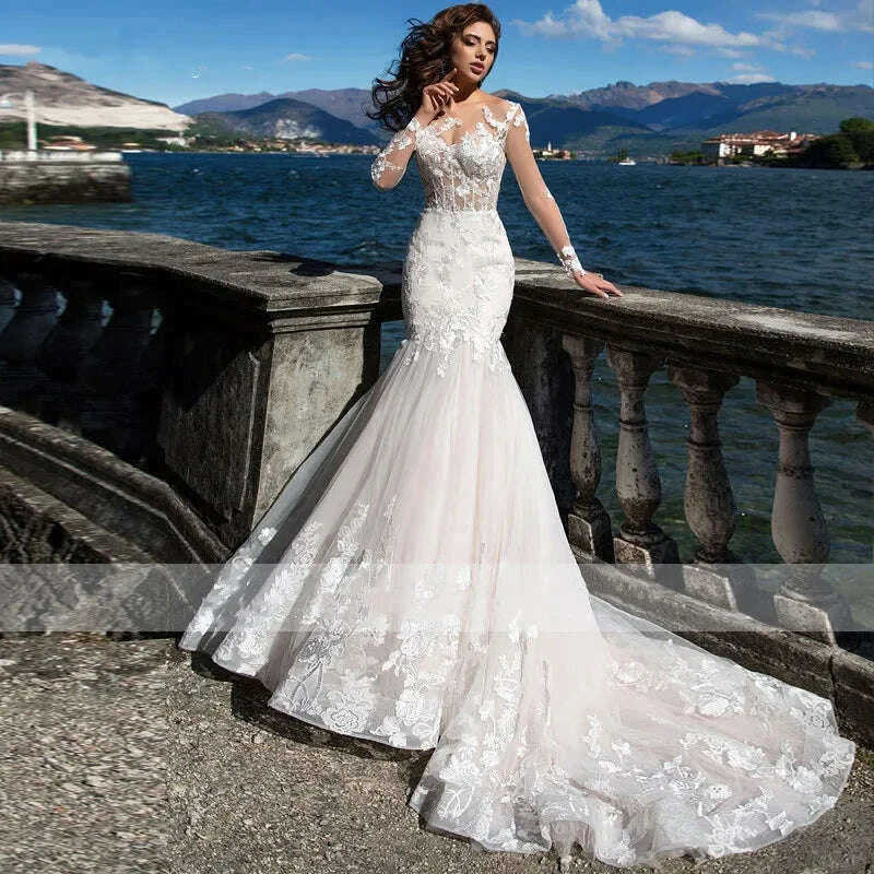 Lace Mermaid Wedding Dress With Long Sleeves | KIMLUD Lace Mermaid Wedding Dress With Long Sleeves | KIMLUD
