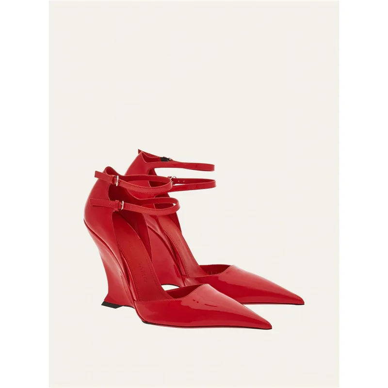 Wedge Pumps Mary Jane Buckle Strap — Red Cherry | KIMLUD