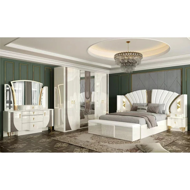 A Royal Luxury Gold Wood Frame Double King Size Bed Set Home Villa Classic Modern Design Wooden Full Bedroom Sets Furniture