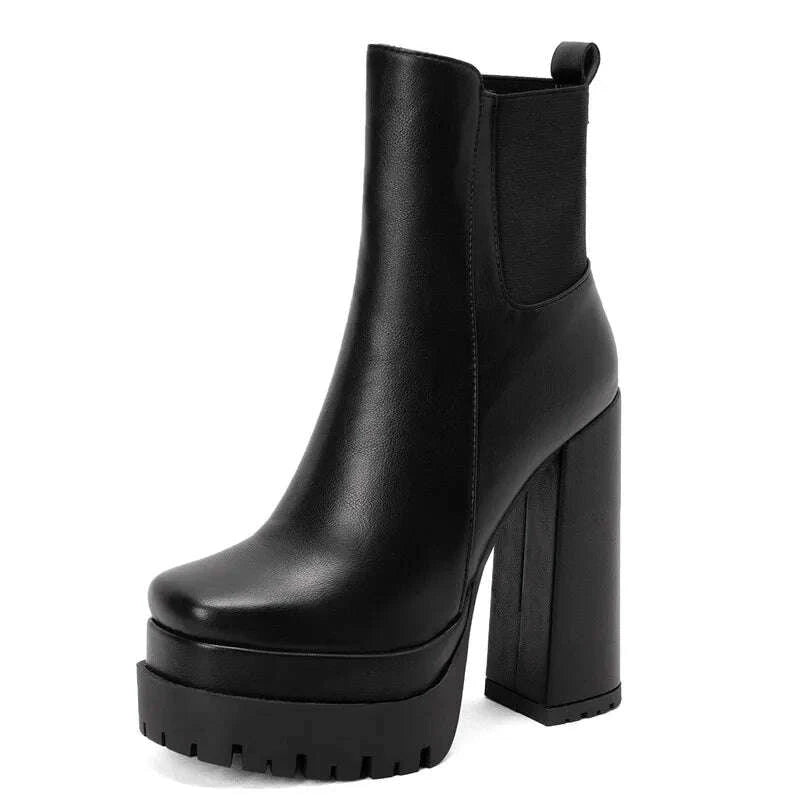 KIMLUD, Women's Ankle Boots Platform Trends Black Short Boot Winter Autumn Leather Gothic Punk Heels Party Shoes Lady Large Size 45, KIMLUD Womens Clothes