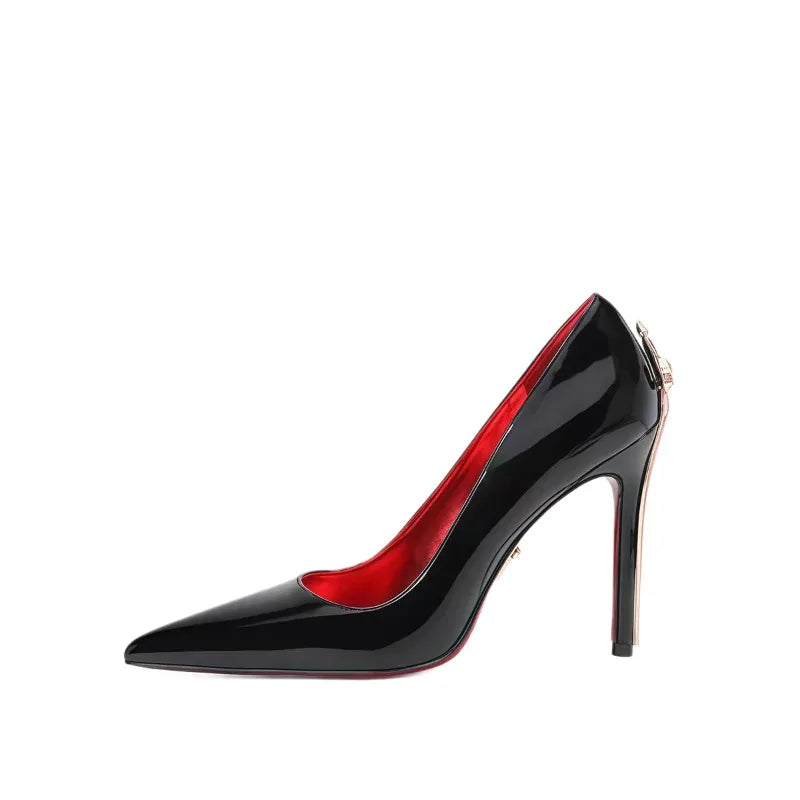Patent PU Scepter High Heels Pointed Toe With Gold-Tone Stiletto — Black | KIMLUD