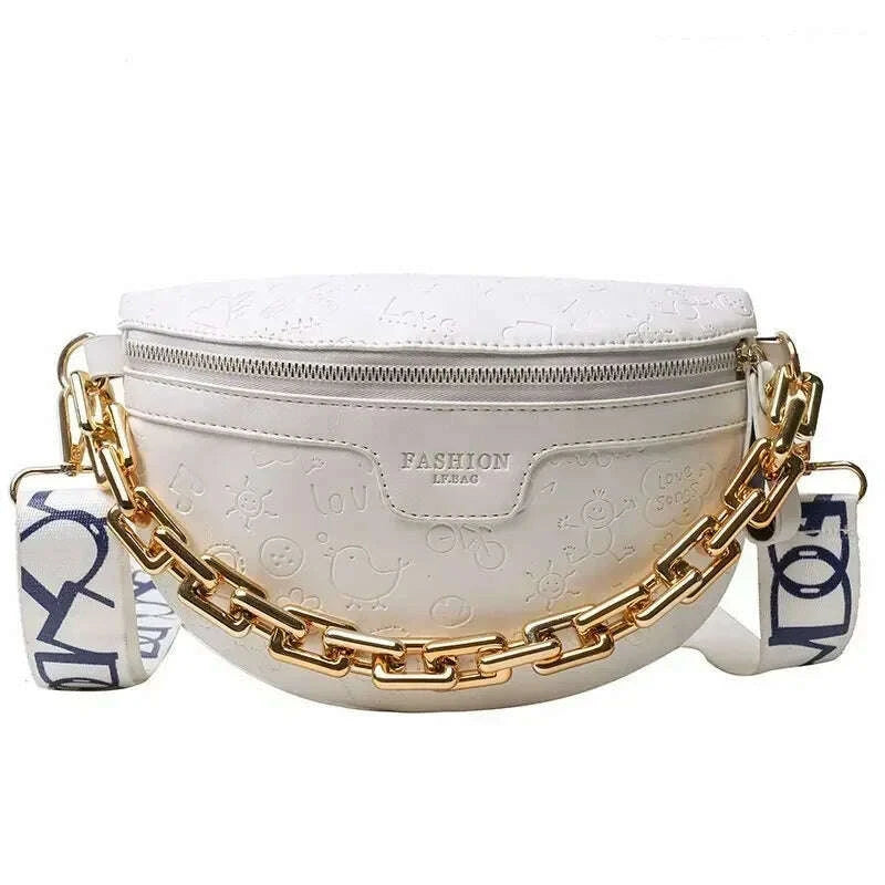 KIMLUD, Cartoon Pattern empaistic PU Leather Fanny Pack For Women Luxury Chain Waist Bag Female Cute Waist Pack Wide Strap Crossbody Bag, KIMLUD Womens Clothes