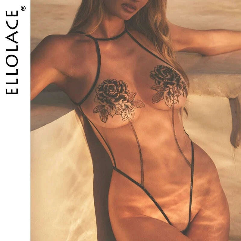 KIMLUD, Ellolace Elegant Sexy Lingerie Fascinating Rose Sheer Backless Bodysuit Tempted Honey Body Erotic Allure Dildo Women's Clubwear, KIMLUD Womens Clothes