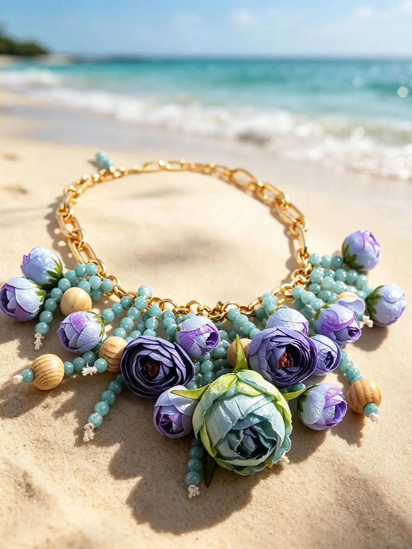Bohemian Fabric Floral Necklace — Blue Purple | KIMLUD