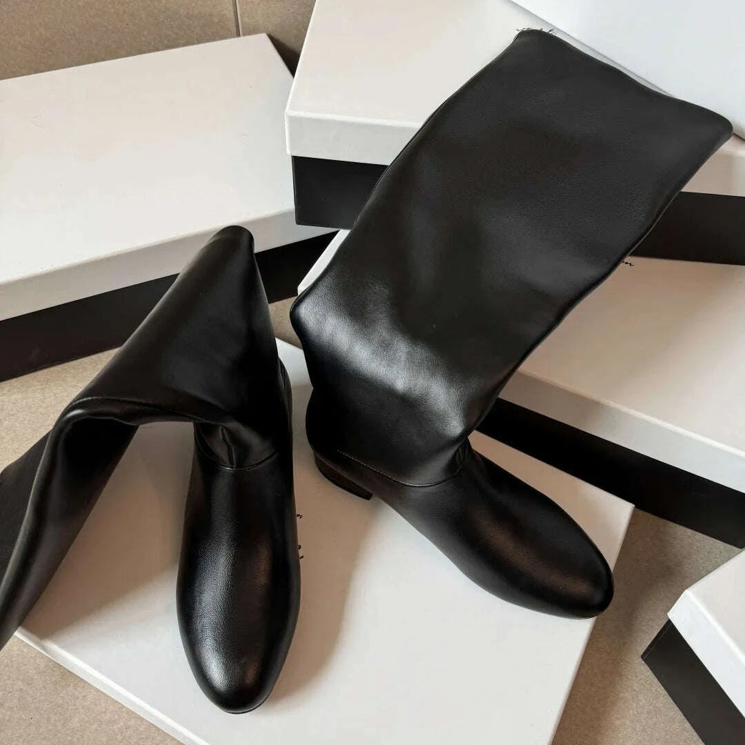 KIMLUD, Women's genuine leather round toe slip-on flats autumn knee high boots casual female soft comfortable knight boots shoes woman, KIMLUD Womens Clothes