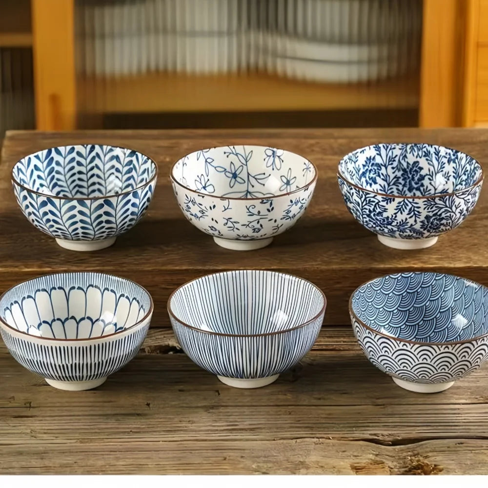 Hand Painted Ceramic Rice Bowl 4.5 Inch With Retro Rim And Japanese Motif — Blue And White | KIMLUD