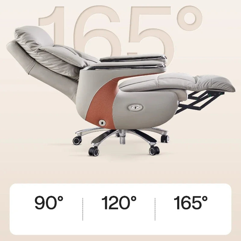 Ergonomic chair with recline angles displayed on a beige background